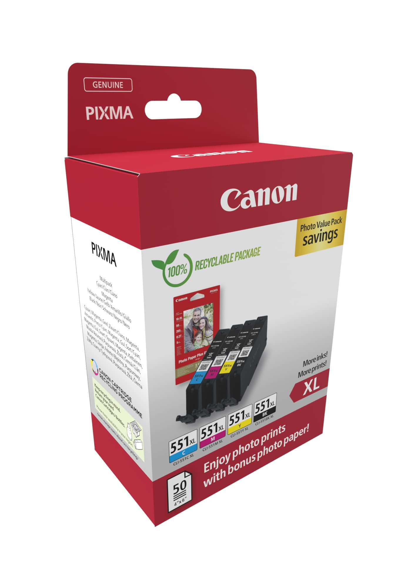Pachet cartuse de cerneala Canon CLI-551XL KCMY +50 Photo (6443B008AA, CLI551XLCMYK)