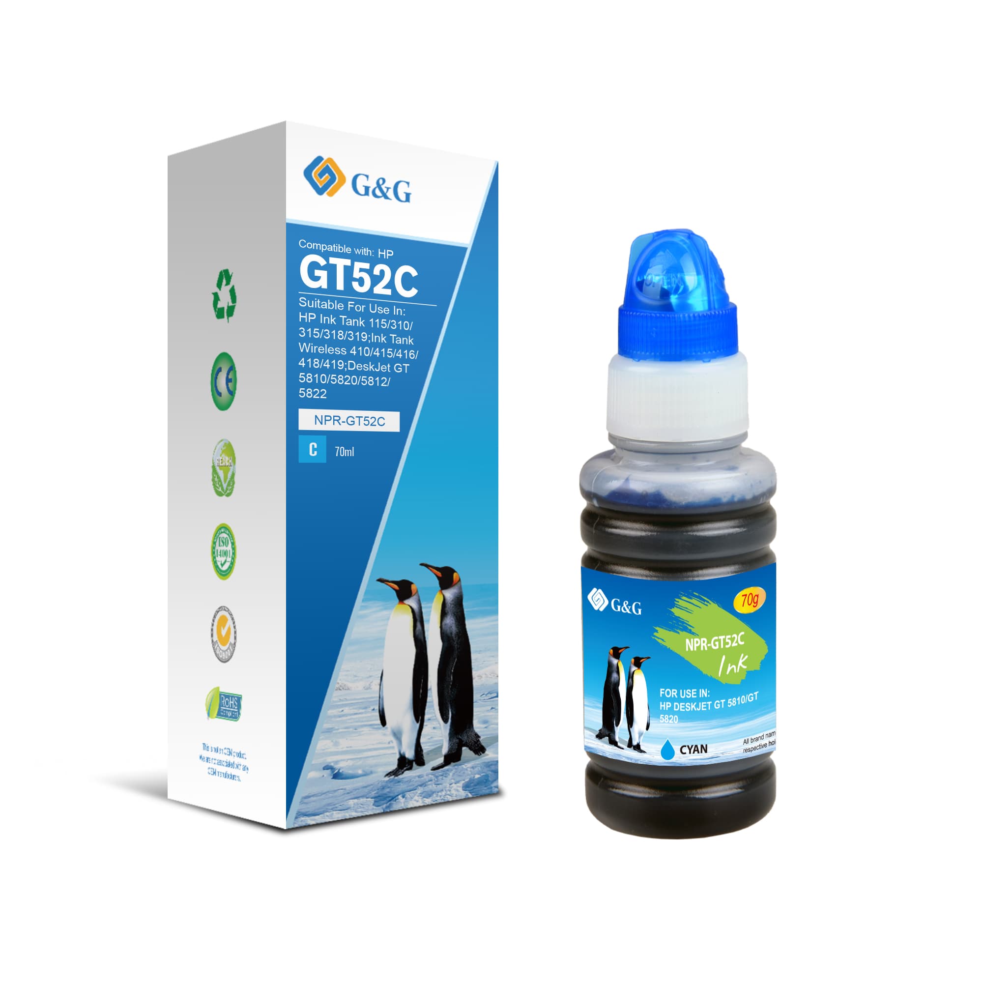 Flacon cerneala Premium G&G HP GT52 Cyan (M0H54AE, HPGT52C)